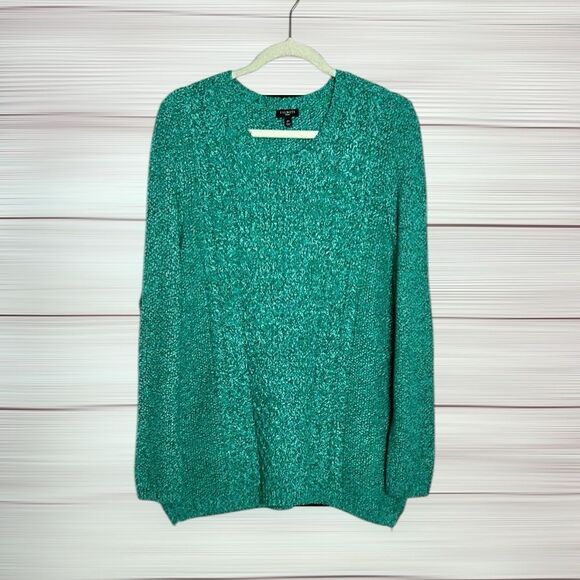 TALBOTS Wool Blend Turquoise Green Sweater Cable Knit Zippered Side Slits 2X - Picture 1 of 9